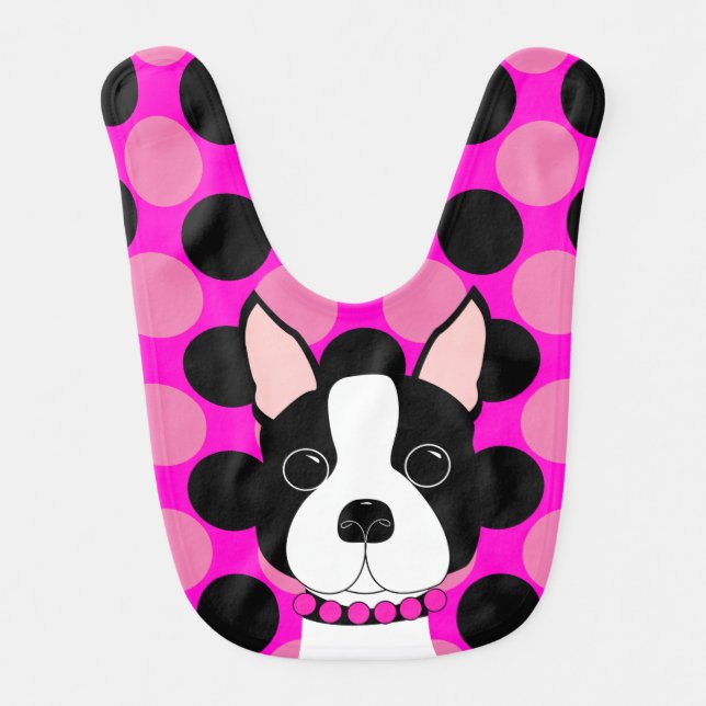 Whimsical Boston Terrier Polka Dots Baby Bib (Front)