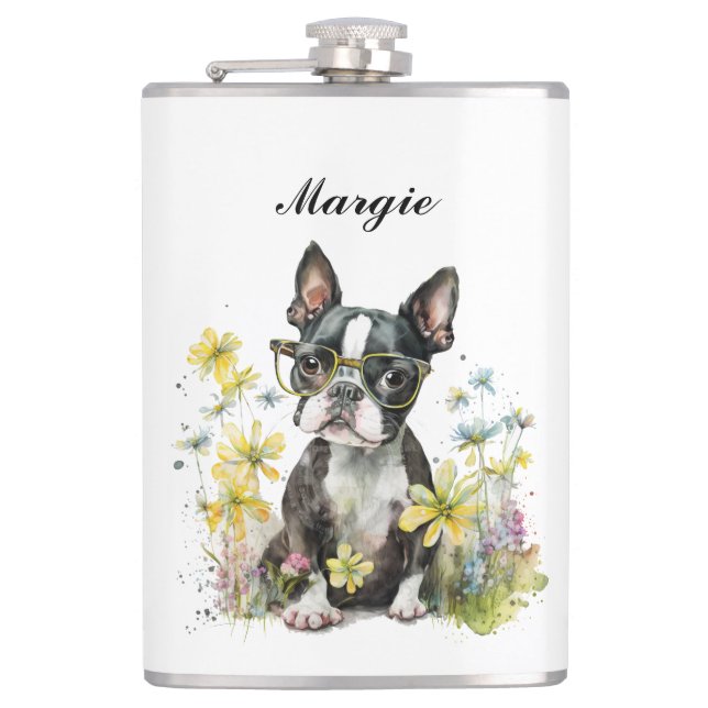 Whimsical Boston Terrier Puppy Wearing Glasses Flask (Front)