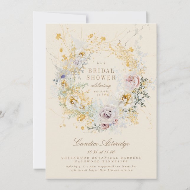 whimsical botanic wreath bridal shower invitation (Front)