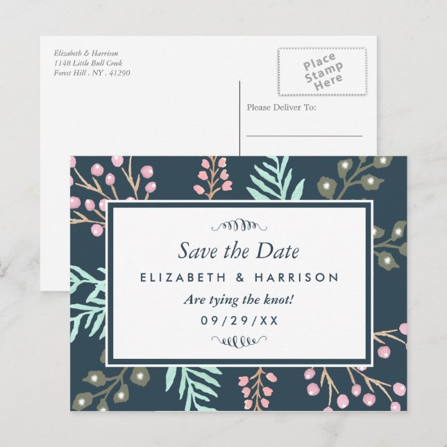 Whimsical Botanical Berry Wedding Save The Date Announcement Postcard (Front/Back)