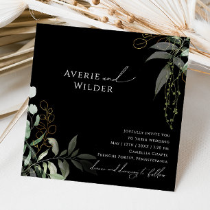 Whimsical Botanical Black and Gold Square Wedding Invitation
