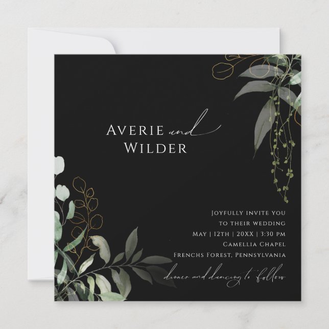 Whimsical Botanical Black and Gold Square Wedding Invitation (Front)