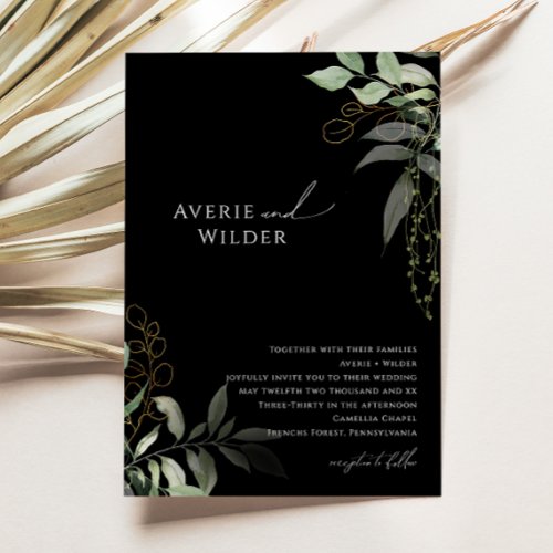 Whimsical Botanical Black and Gold Wedding Invitation