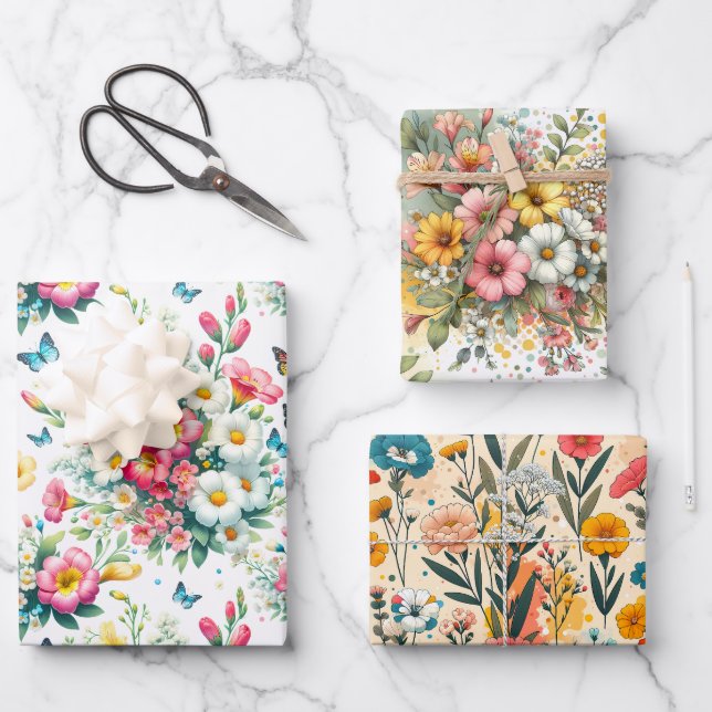 Whimsical Botanical Bloom 3 Wrapping Paper Sheets (Front)