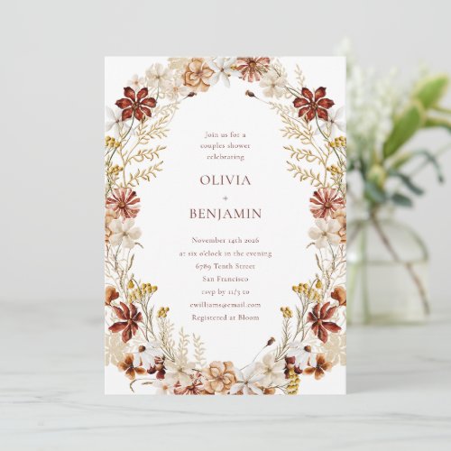 Whimsical Botanical Burgundy Wreath Couples Shower Invitation