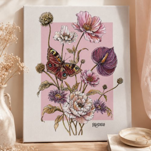 Whimsical Botanical Butterfly Floral Art Faux Canvas Print