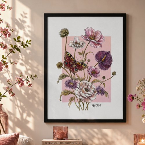 Whimsical Botanical Butterfly Floral Art  Poster