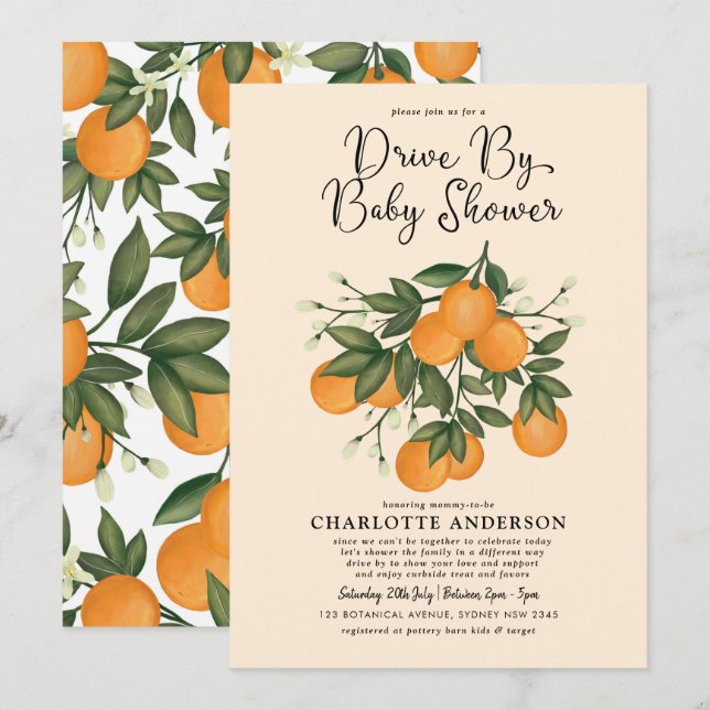 Whimsical Botanical Citrus Drive By Baby Shower Invitation (Front/Back)
