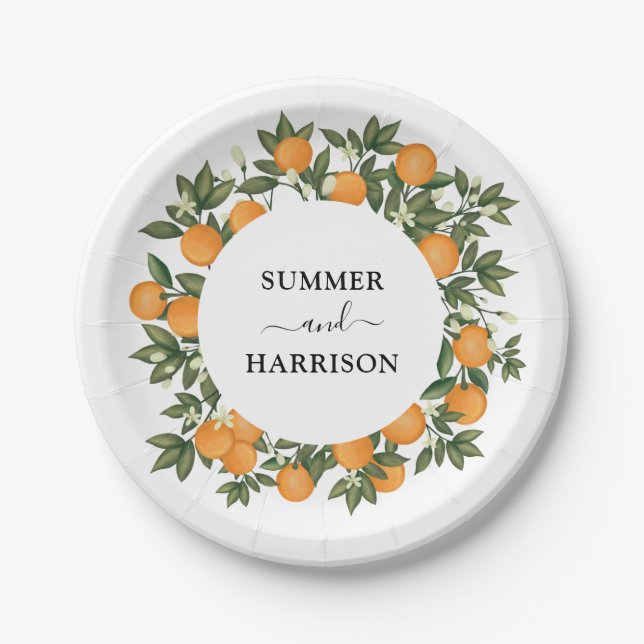Whimsical Botanical Citrus Orange Garden Wedding Paper Plates (Front)