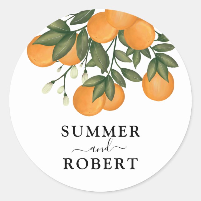 Whimsical Botanical Citrus Orange Orchard Wedding Classic Round Sticker (Front)