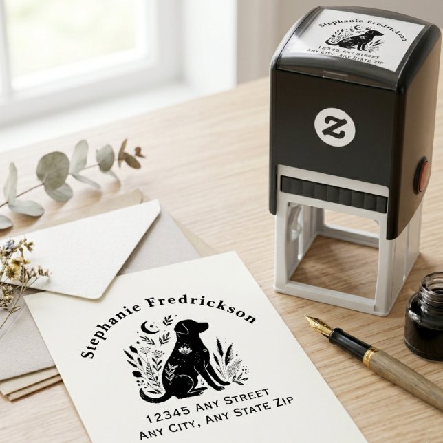 Whimsical Botanical Floral Silhouette Dog Parent Self-inking Stamp (Floral dog silhouette return address stamp for pet parents — a unique adoption day gift idea.)