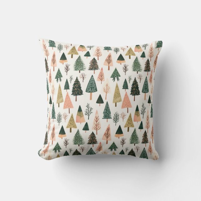 Whimsical Botanical Holiday Tree Pattern Throw Pillow (Front)