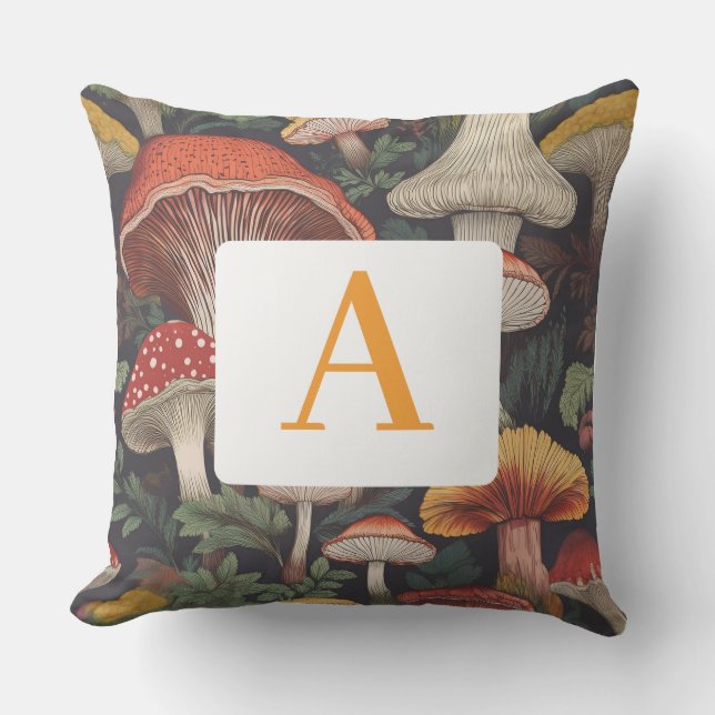 Whimsical Botanical Mushroom Pattern with Monogram Outdoor Pillow (Front)