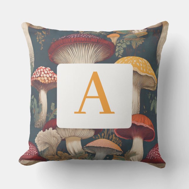 Whimsical Botanical Mushroom Pattern with Monogram Outdoor Pillow (Front)