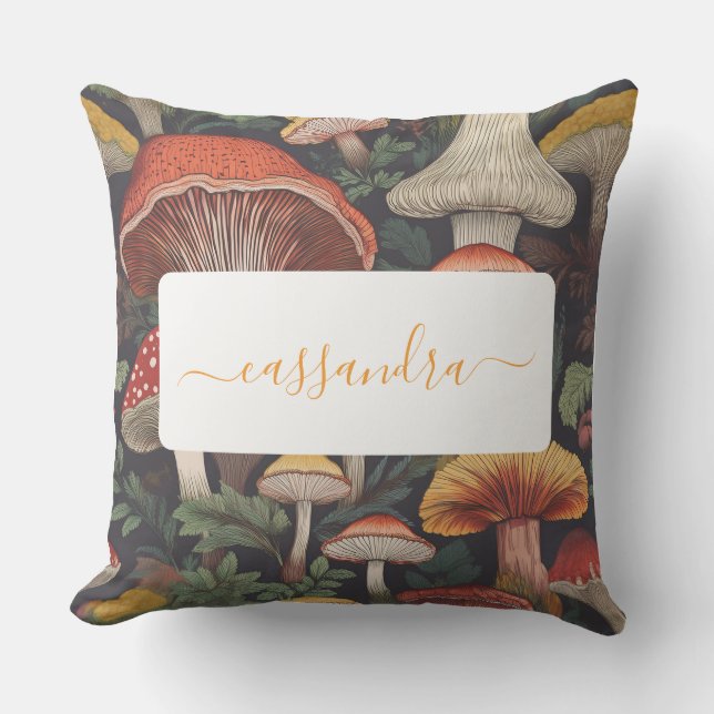 Whimsical Botanical Mushroom Pattern with Name Outdoor Pillow (Front)