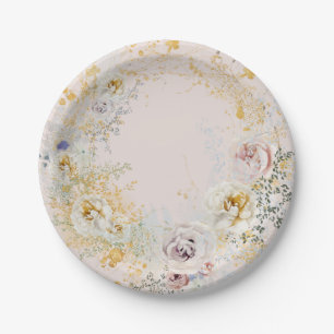 whimsical botanical pink baby shower monogram paper plates