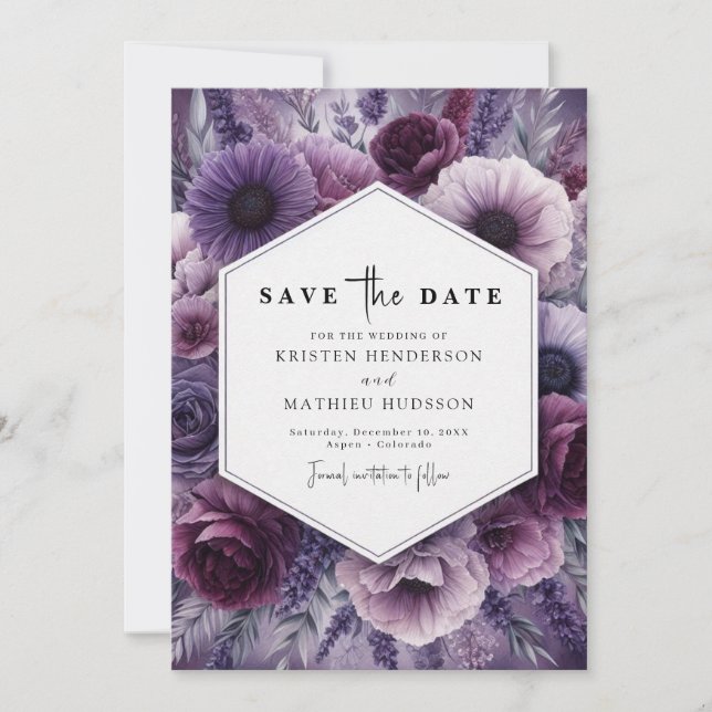 Whimsical Botanical Purple Floral Wedding Save The Date (Front)
