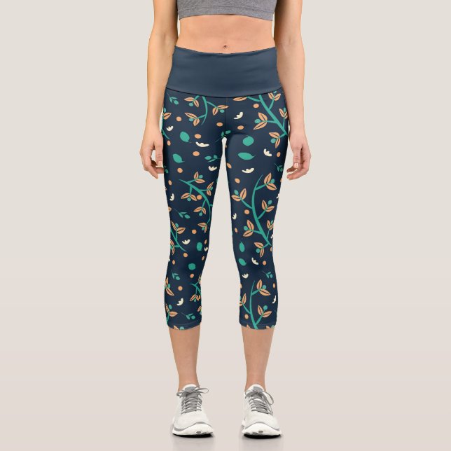 Whimsical Botanical Teal Brown White Leaves Blue Capri Leggings (Front)