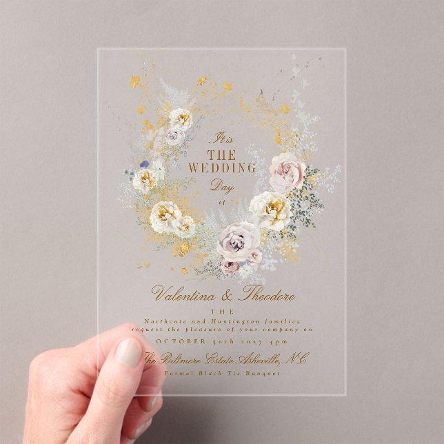 whimsical botanical wreath romantic wedding boho acrylic invitations (Insitu (Handheld))