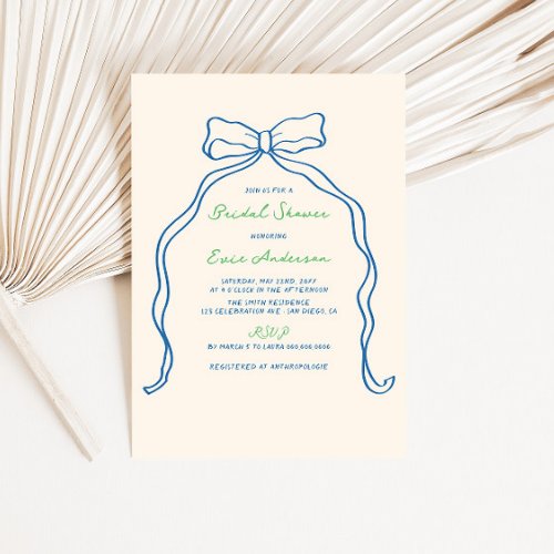 Whimsical Bow Blue Green Handwritten Bridal Shower Invitation
