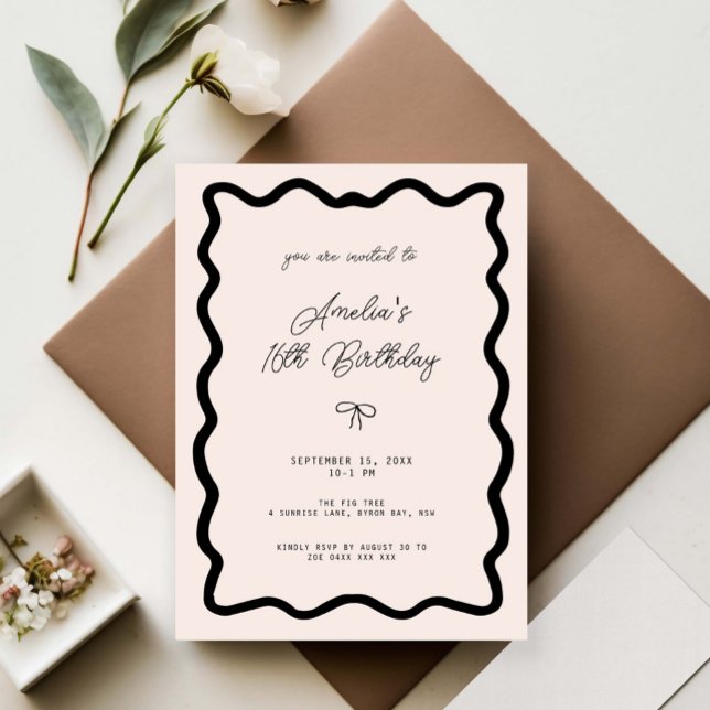 Whimsical Bow cursive border 16th birthday Invitation (Creator Uploaded)