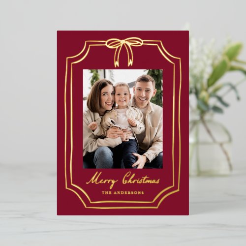 Whimsical Bow Frame Burgundy Christmas 5 Photo Foil Holiday Card