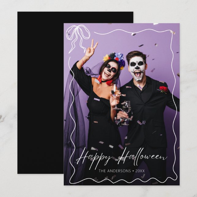 Whimsical Bow Frame Happy Halloween Photo Card (Front/Back)