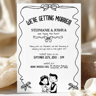 Whimsical Bow Frame with Cartoon Bride and Groom Invitation