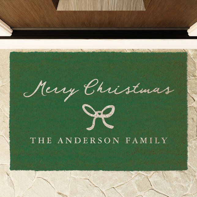 Whimsical Bow Green Merry Christmas Fiber Doormat (Creator Uploaded)