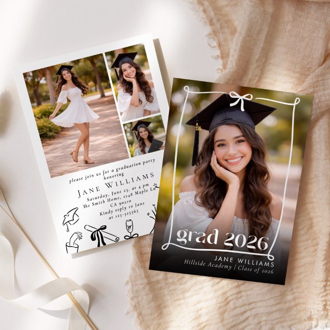 Whimsical Bow Hand drawn Graduation Party Photo Invitation (Creator Uploaded)