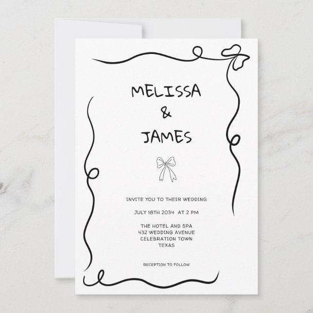 Whimsical Bow Hand Drawn Wedding Invitation (Front)