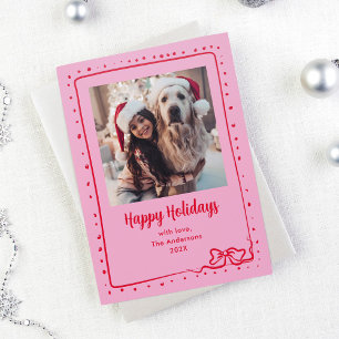 Whimsical Bow Happy Holidays Pink and Red Letterpress Photo Cards