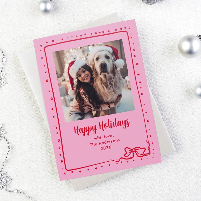 Whimsical Bow | Happy Holidays Pink and Red  Letterpress Photo Cards (Creator Uploaded)