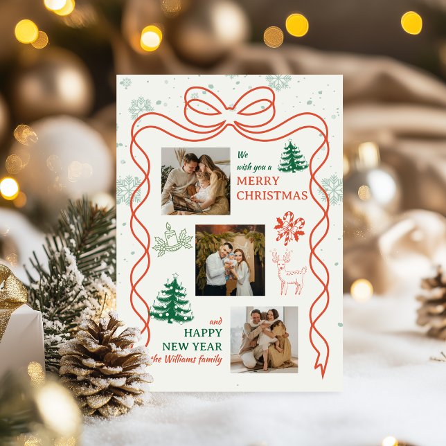 Whimsical Bow & Holiday Icons Photo Christmas Card (Creator Uploaded)