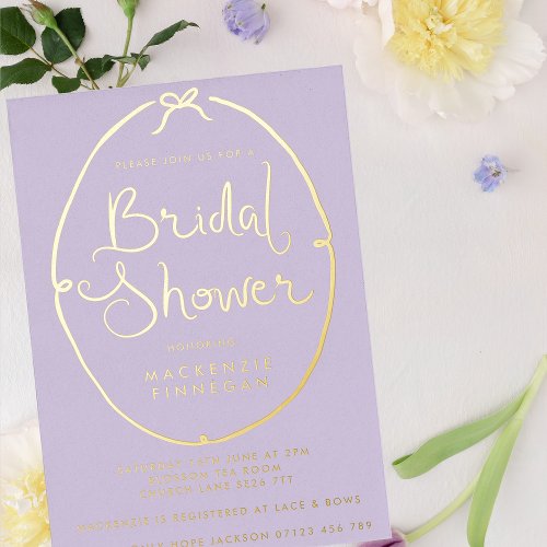 Whimsical Bow Lilac  Gold Bridal Shower Foil Invitation