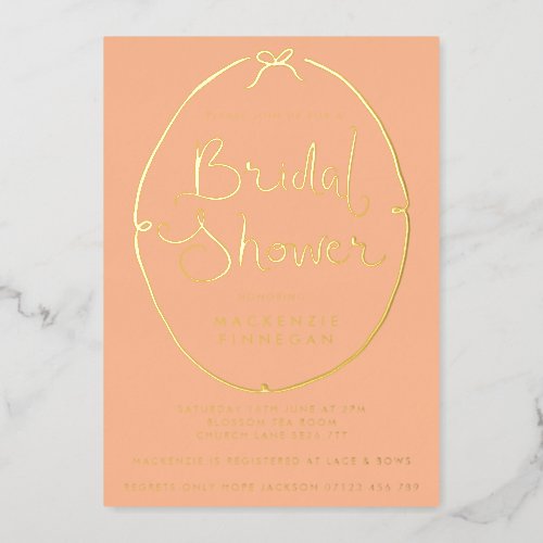 Whimsical Bow Peach  Gold Bridal Shower Foil Invitation
