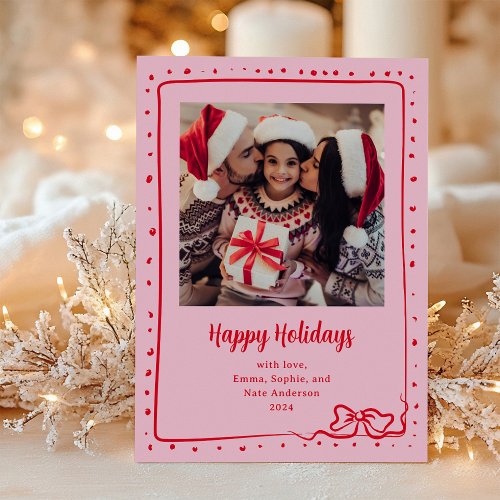 Whimsical Bow  Photo Happy Holidays Pink and Red Holiday Card