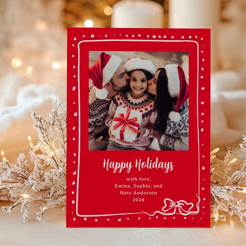 Whimsical Bow  Photo Happy Holidays Red Holiday Card