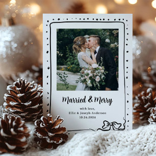 Whimsical Bow   Photo Married and Merry Newlywed Holiday Card