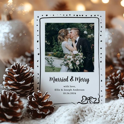 Whimsical Bow  Photo Married and Merry Newlywed Holiday Card