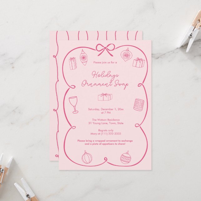 Whimsical Bow Pink Holidays Ornament Swap Party Invitation (Front/Back In Situ)