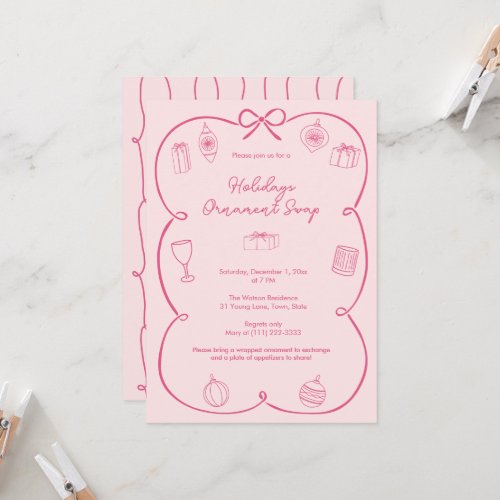 Whimsical Bow Pink Holidays Ornament Swap Party Invitation