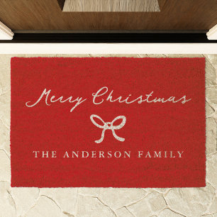 Whimsical Bow Red Merry Christmas Fiber Doormat