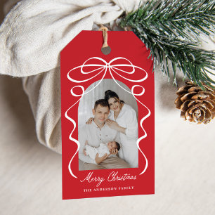 Whimsical Bow Ribbon Red Arch Photo Christmas Gift Tags