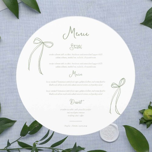 Whimsical Bow Sage Green Wedding Circular Menu