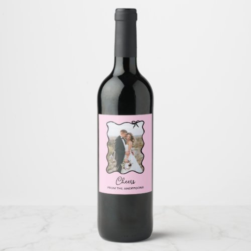 Whimsical Bow  Wavy Blush Pink and Black Photo Wine Label