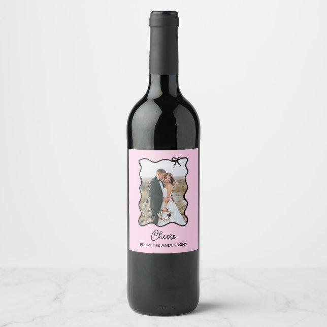 Whimsical Bow | Wavy Blush Pink and Black Photo Wine Label (Front)