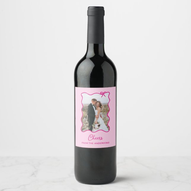 Whimsical Bow | Wavy Pink Photo Wine Label (Front)