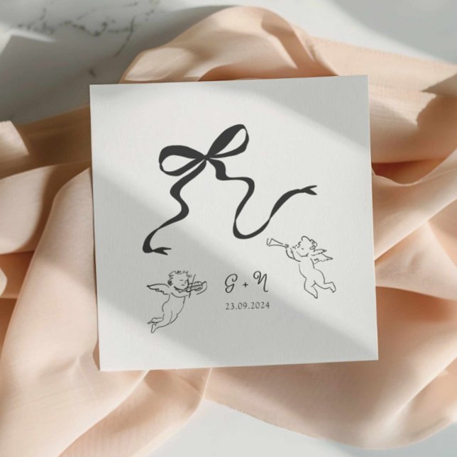 Whimsical Bow Wedding Napkin (hand drawn bow cocktail napkin cherub illustrated napkin wedding cocktail napkin)