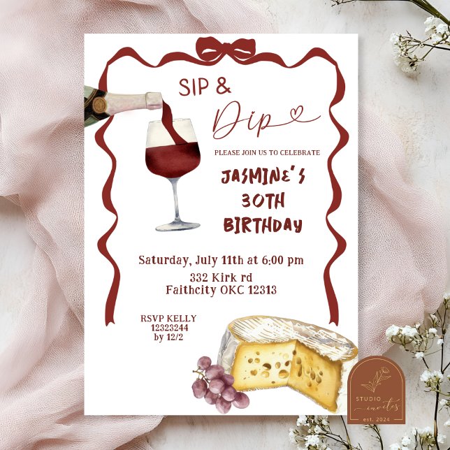 Whimsical Bow Wine Sip and Dip Birthday Invitation (Creator Uploaded)
